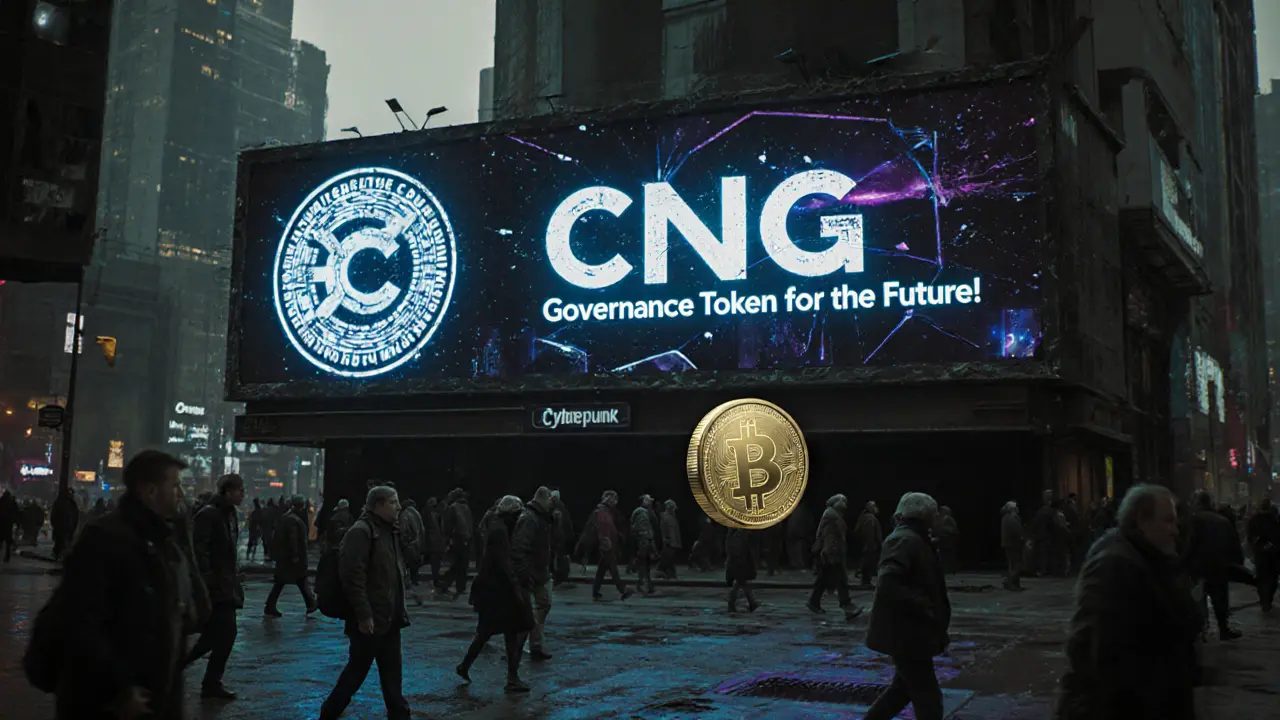 A crumbling billboard advertises CNG as ghostly token hovers unused in a bustling dystopian city.