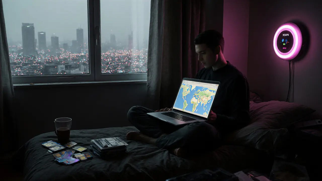 A digital nomad watches XPIN hotspot payments flow in while a PowerLink device glows in their home.