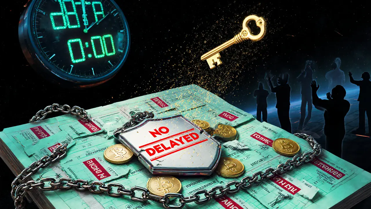 A floating blockchain ledger with delayed funds and a lost proof-of-reserves key in a dystopian void.