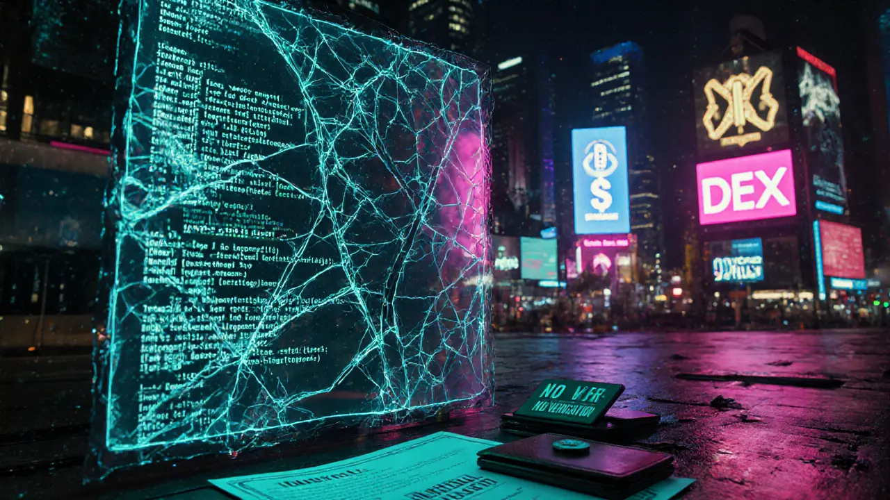 A fragmented holographic smart contract with no audit, casting eerie light on empty wallets and warning symbols.