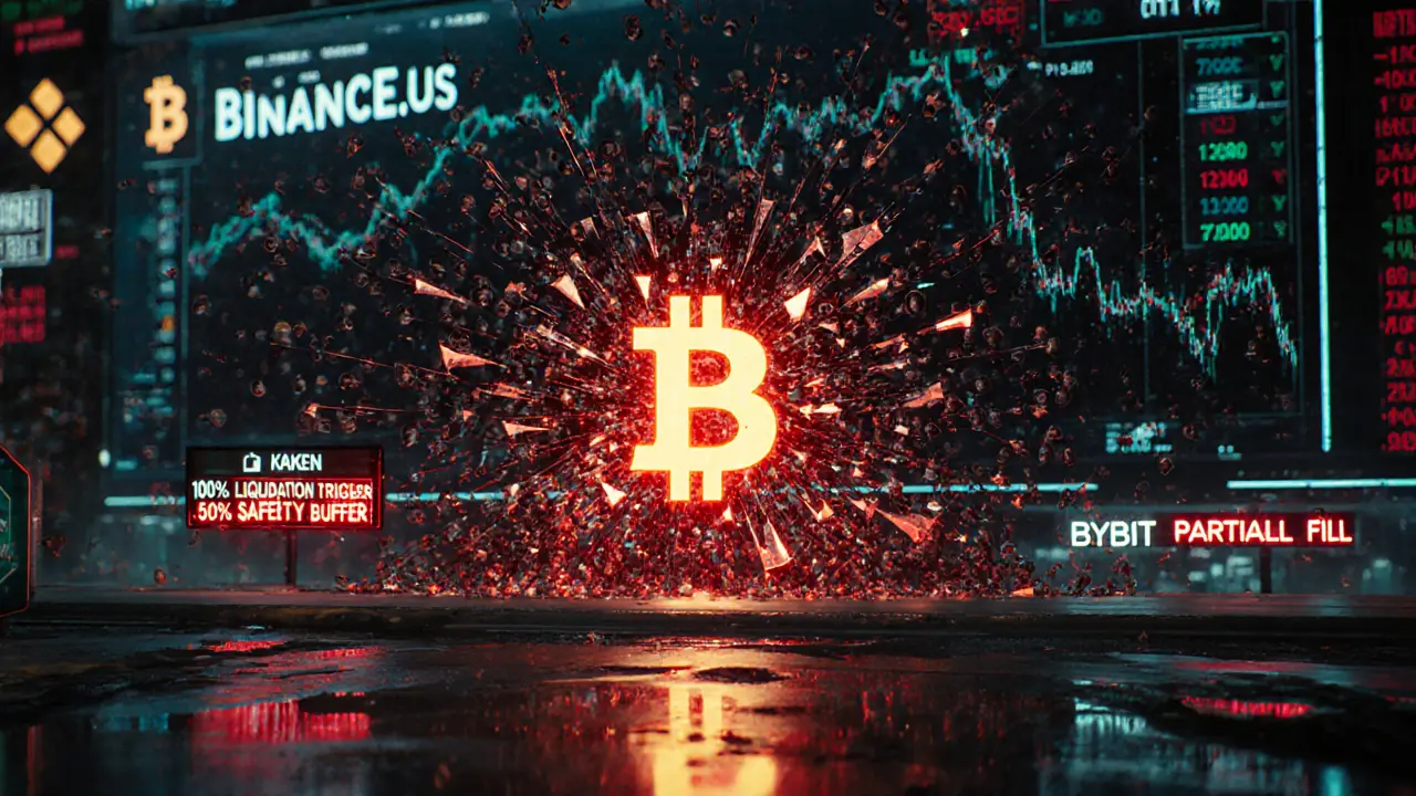 A futuristic crypto exchange skyline shows thousands of traders being erased by red liquidation waves.