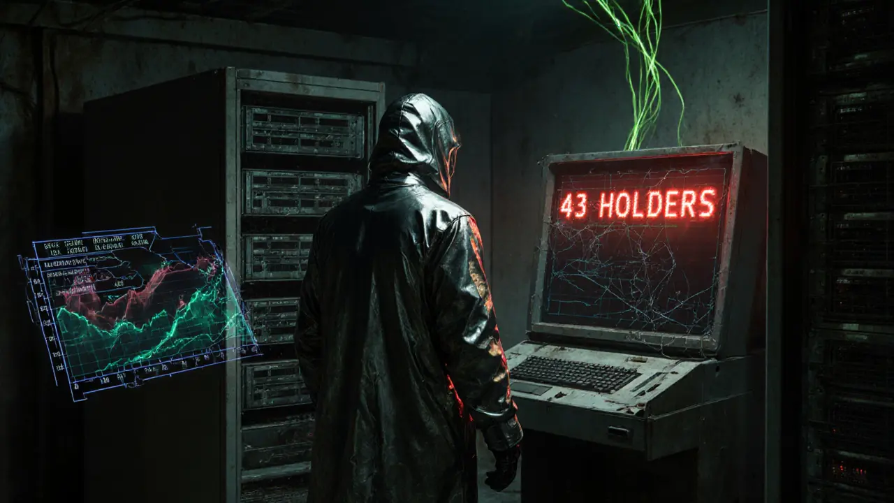 A lone person in a cybercoat stares at a terminal displaying &#039;43 Holders&#039; in a decaying server room.