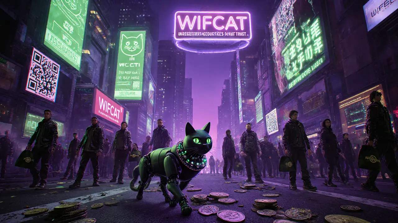 A neon-lit city with fake WIFCAT ads overhead and hollow users holding empty token bags under an SEC warning hologram.