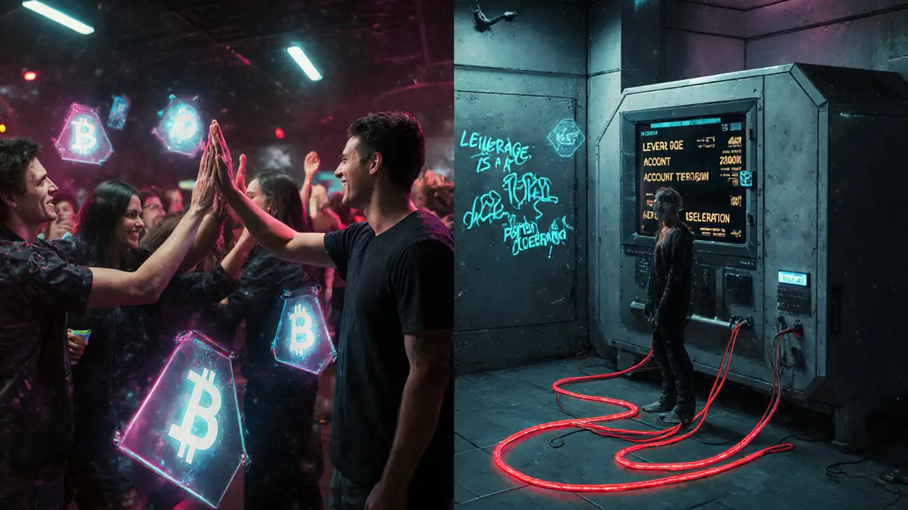 A split-screen memory shows a trader&#039;s past celebration versus their frozen account and debt after liquidation.