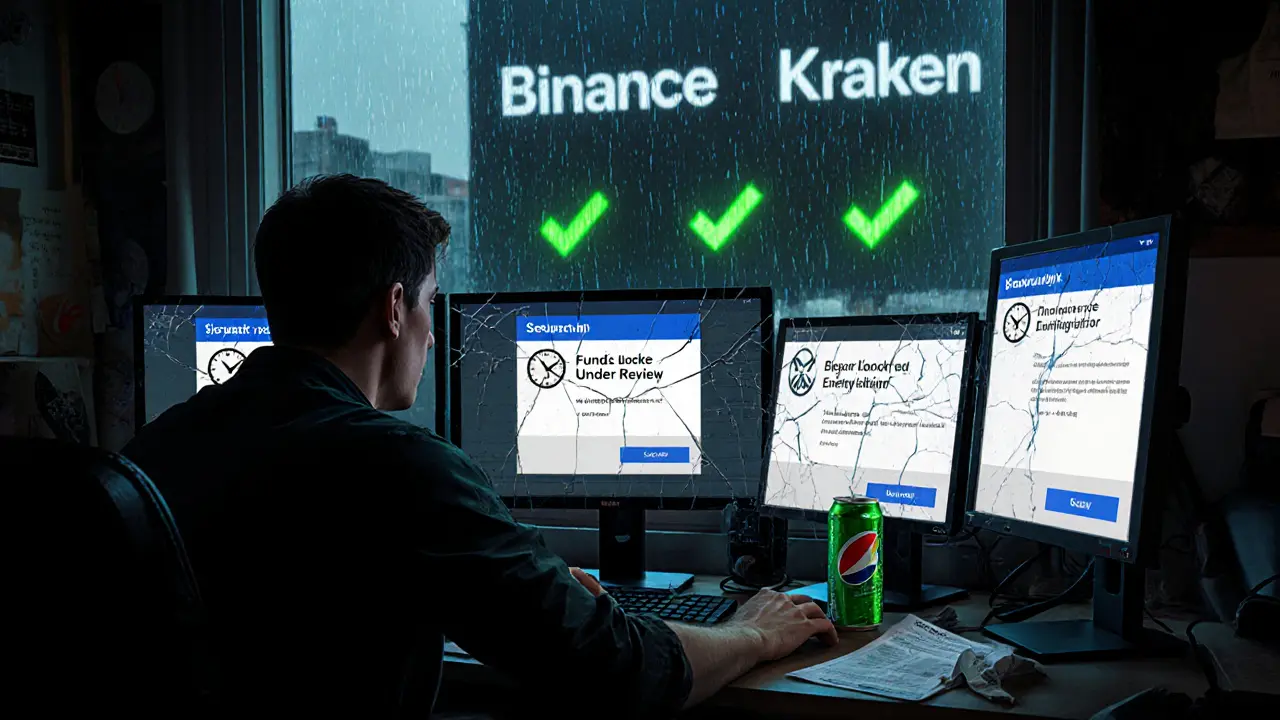 A trader surrounded by frozen Mercatox app screens showing withdrawal delays and generic support replies.