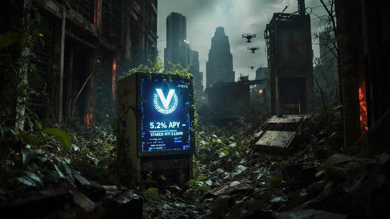 Abandoned server farm with glowing V.SYSTEMS terminal projecting shrinking token supply.