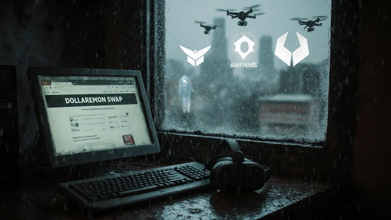 An abandoned terminal displaying a frozen Dollaremon Swap page, with a discarded VR headset nearby.
