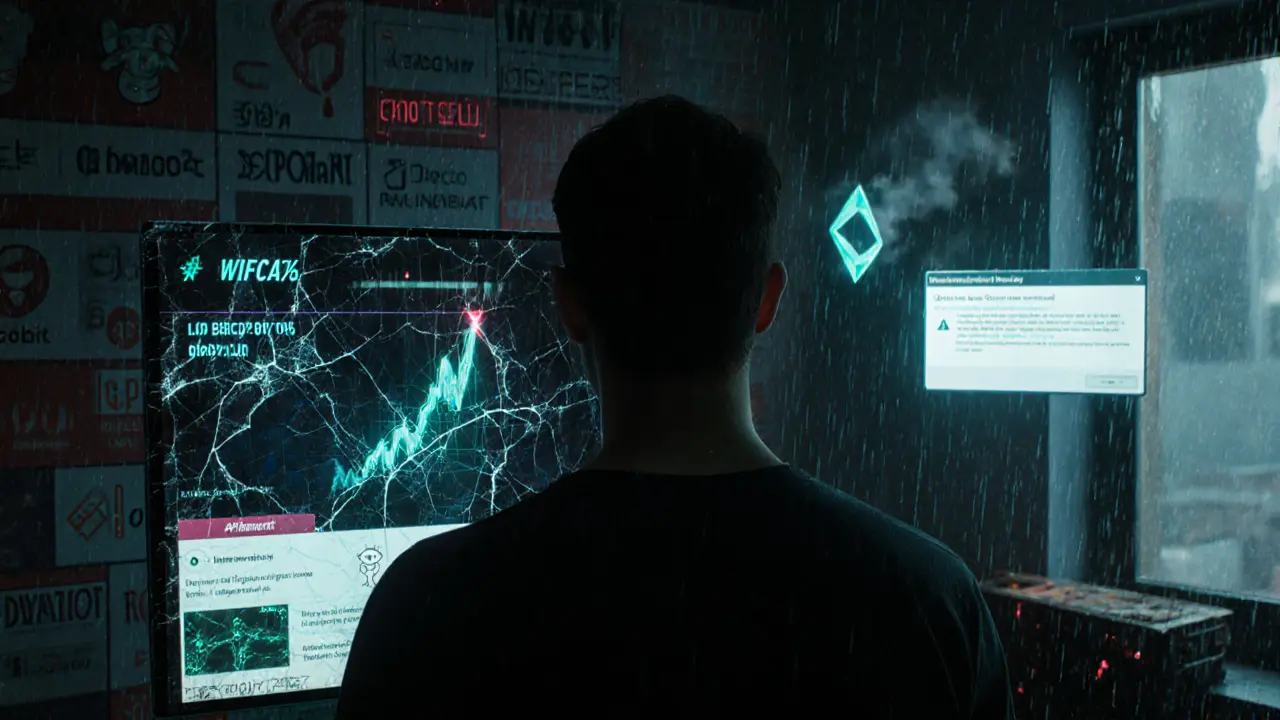 An investor facing a hologram of rising WIFCAT prices while warning alerts flash behind them, their wallet about to be drained.