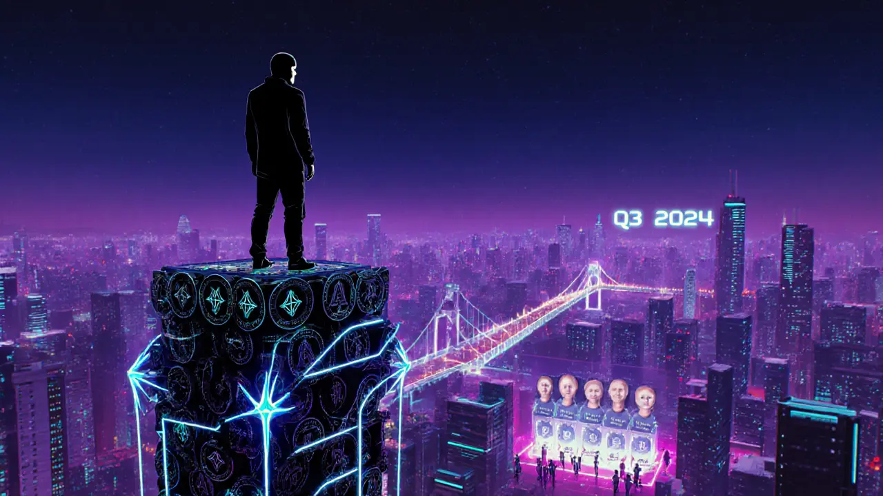 Anonymous developer atop a token tower overlooking Cardano&#039;s neon-lit blockchain city.