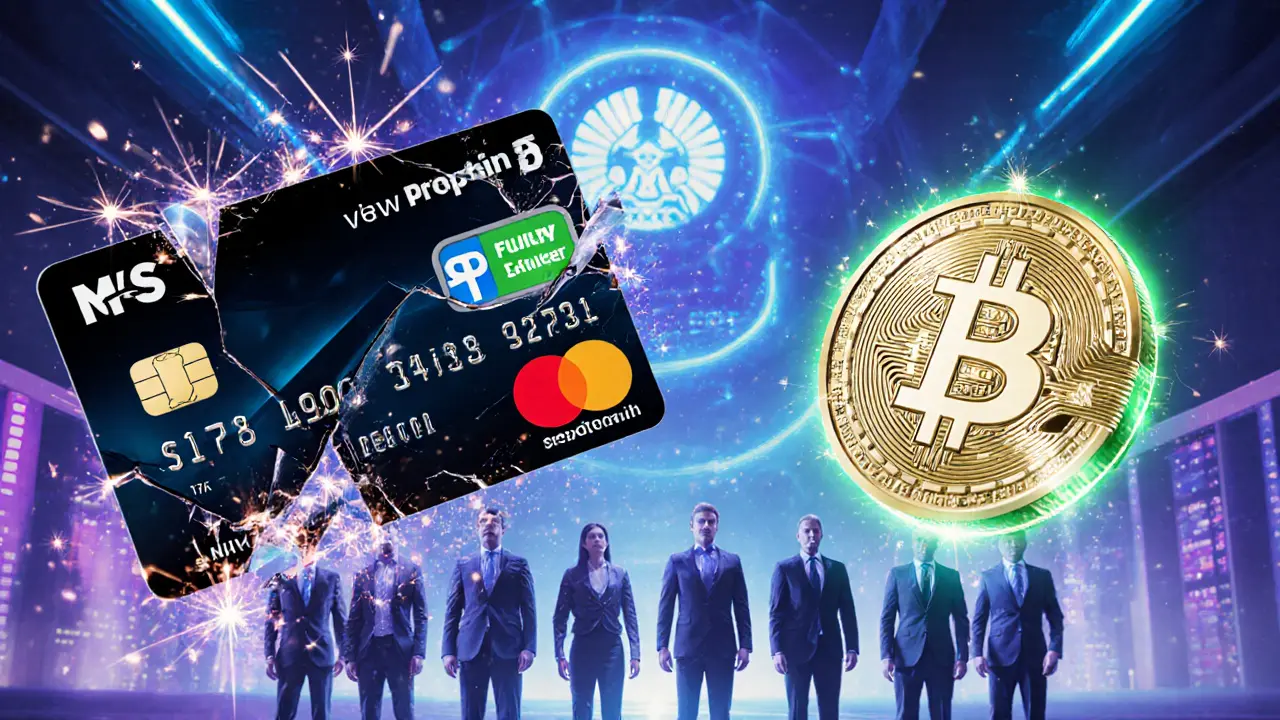 Banned credit card disintegrating as secure stablecoin hologram floats above investors.