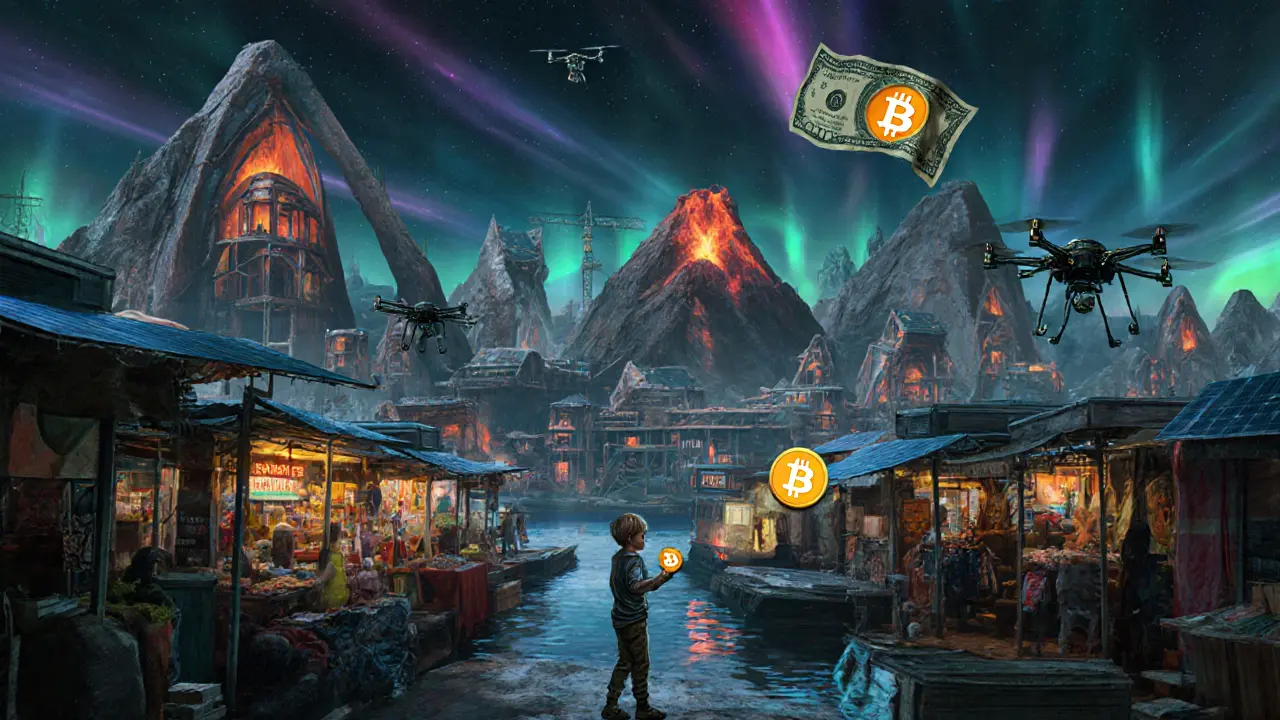 Bitcoin City under construction with geothermal towers and drones delivering crypto payments under digital auroras.