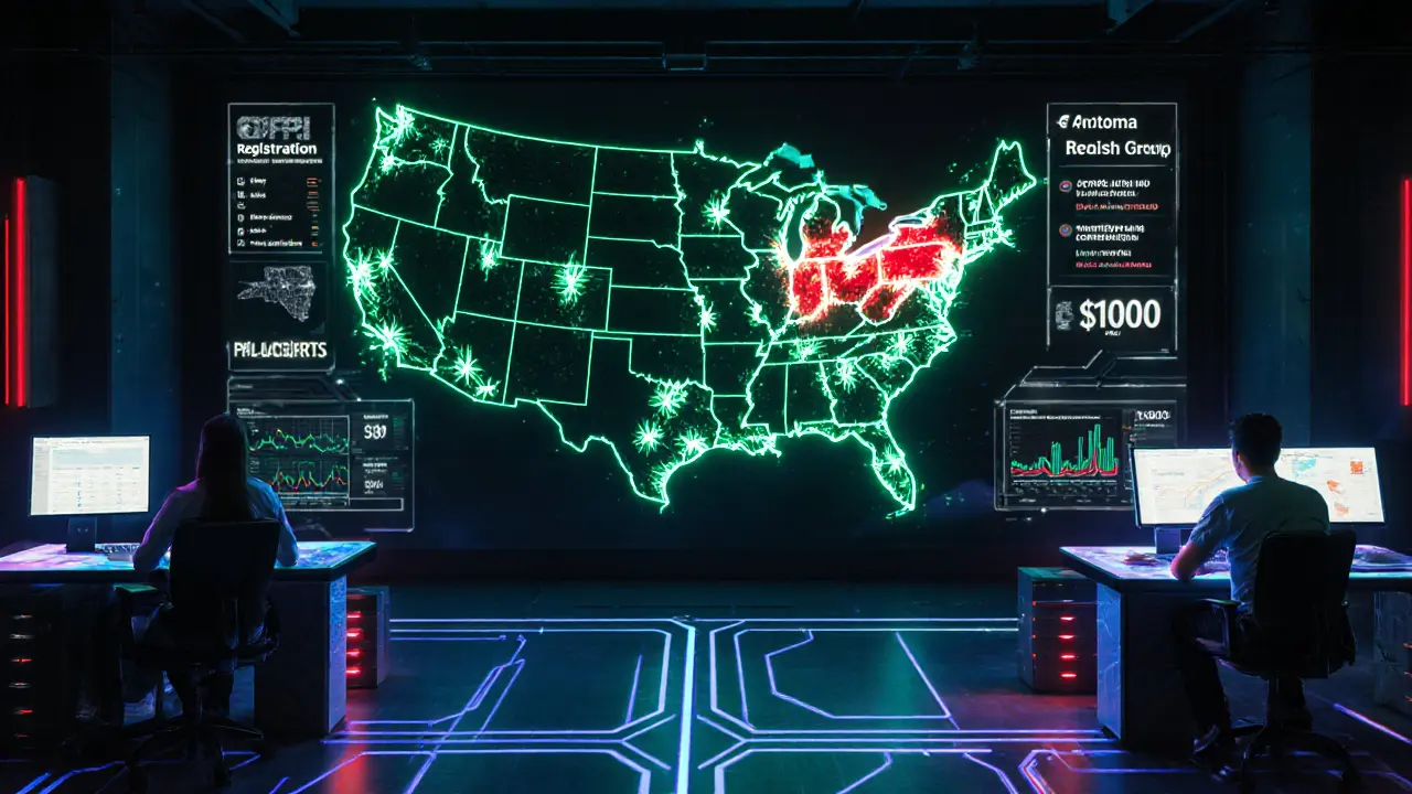 California crypto startup office with holographic registration dashboards and U.S. regulatory map.