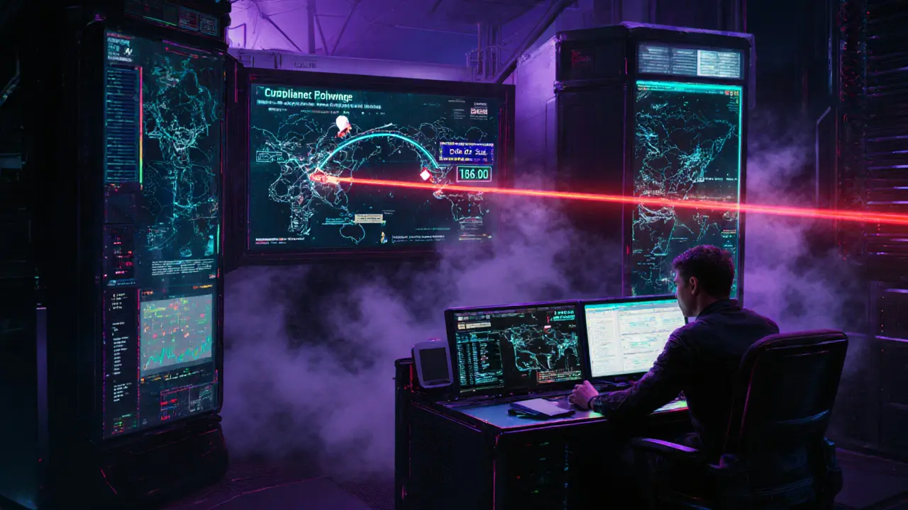 Compliance analysts in a high-tech room watching real-time cross-chain transaction maps with risk alerts and holographic data.
