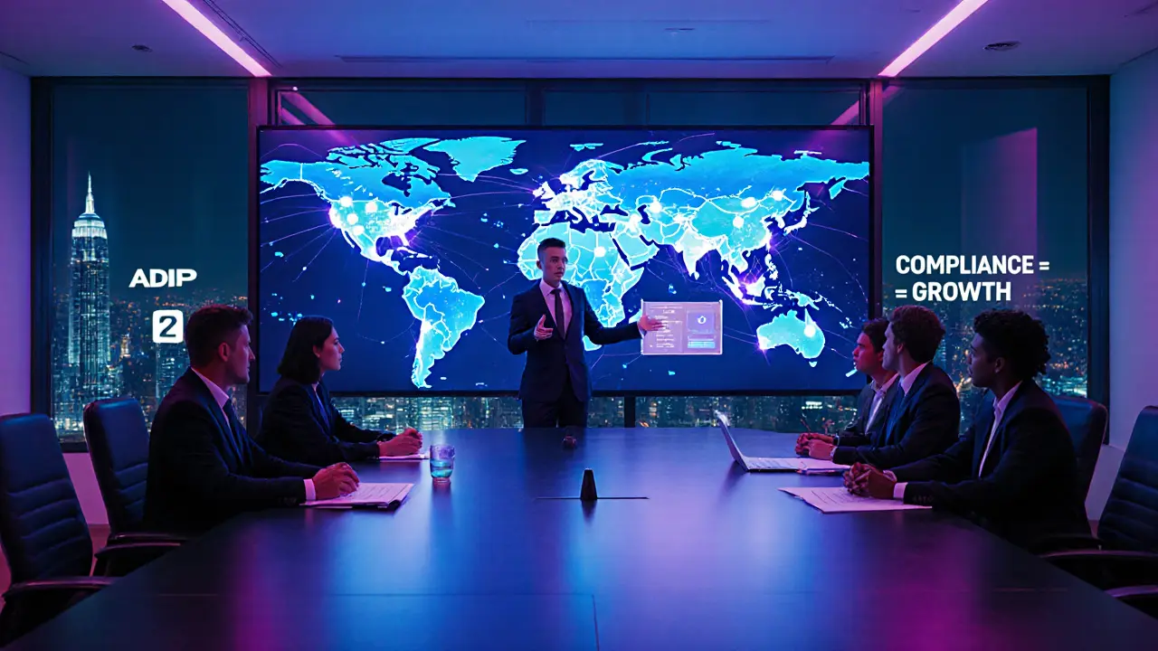 Corporate boardroom with global compliance network and AI employee monitoring dashboard.