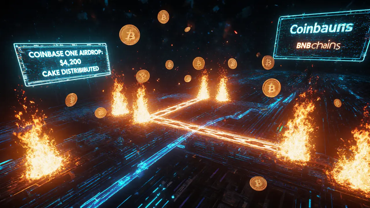 Cross-chain token bridge connecting BNB Chain and Arbitrum, with burning CAKE tokens and airdrop billboard in background.