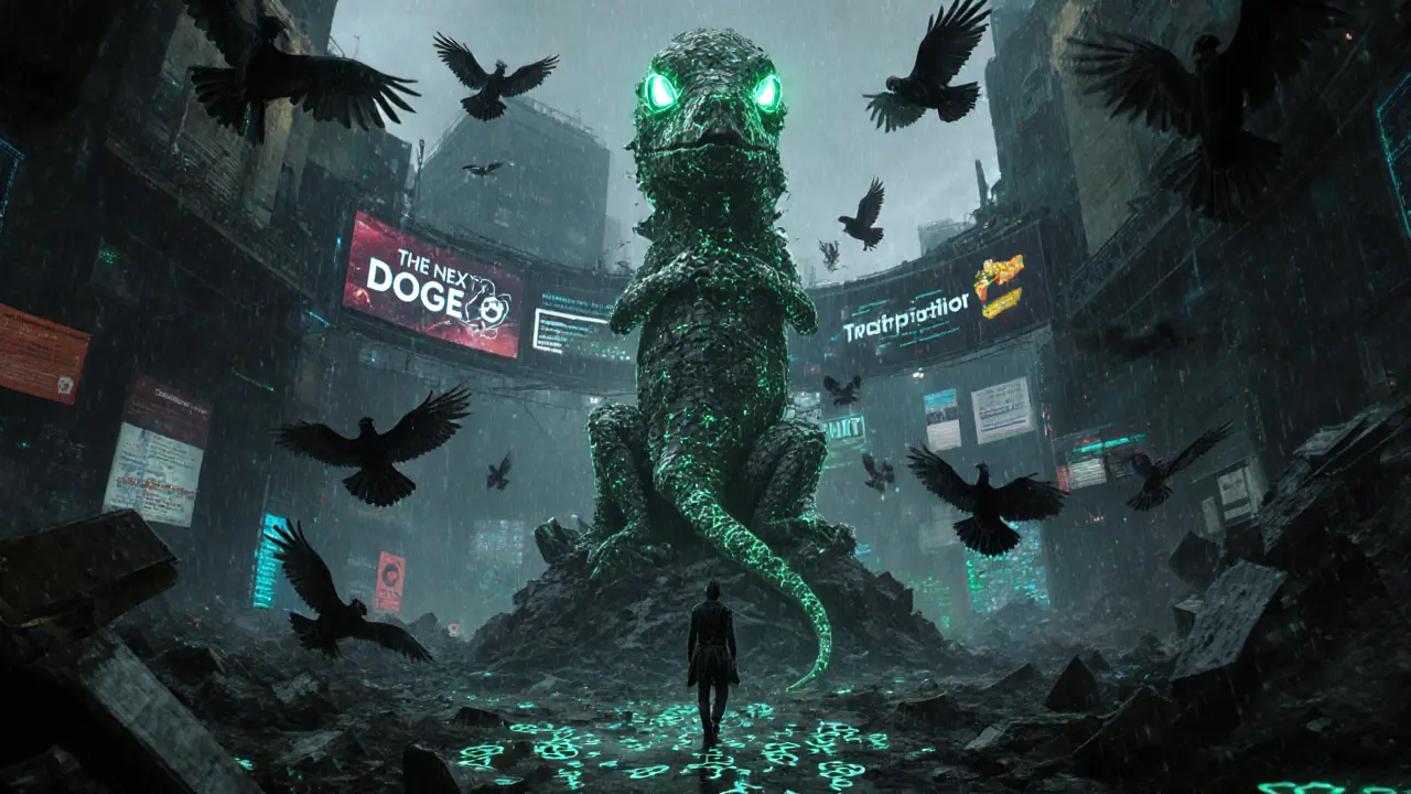 Crumbled gecko statue made of crypto tokens in a ruined data center, surrounded by digital crows.