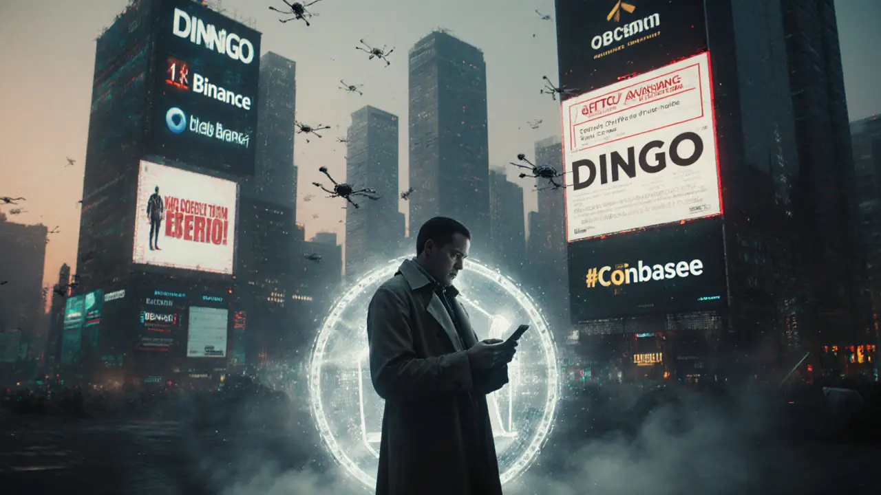 Cybercity skyline with misspelled exchange ads, while a figure verifies the real DINGO token on a blockchain device.