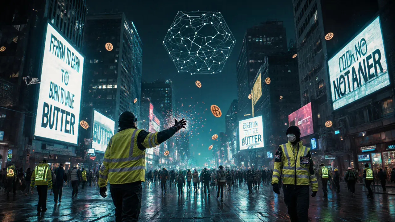Cybercity with digital billboards promoting farming and token burn, citizens catching glowing BUTTER glyphs.