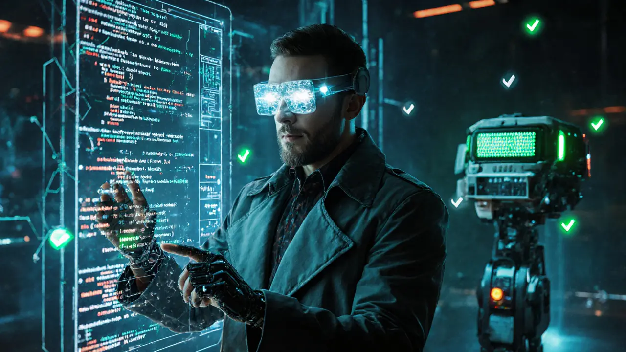 Cybernetic auditor examining a holographic smart contract, spotting hidden flaws invisible to machines.