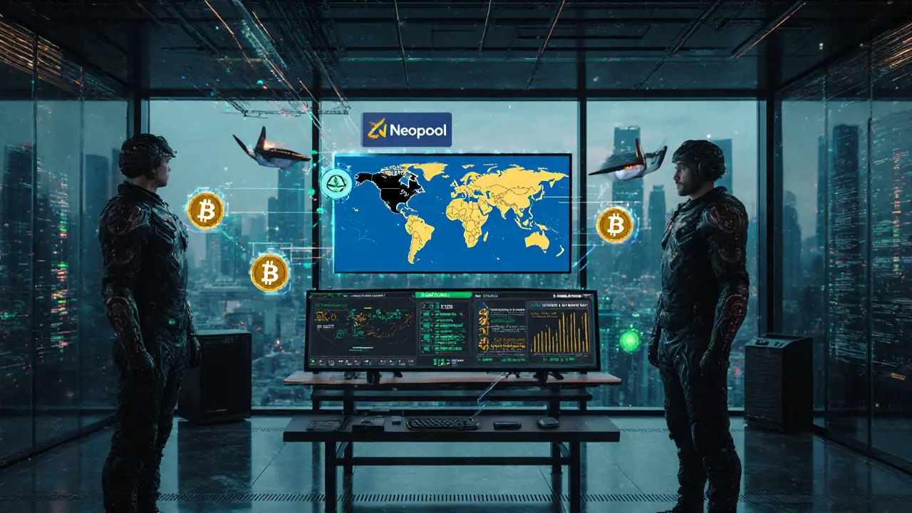 Data scientists monitoring global mining pools via floating 3D dashboards showing hash rates and multi-chain earnings in a Singapore ops center.