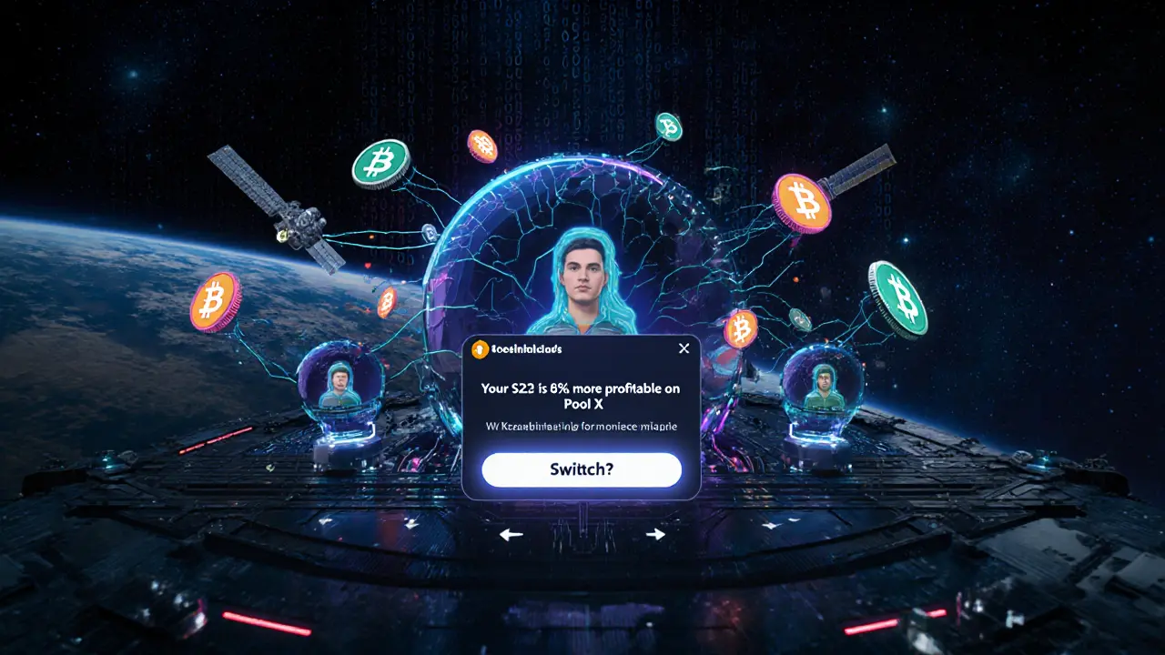 Decentralized mining DAO interface with avatars linked to blockchain protocol, floating crypto tokens, and renewable energy verification streams.