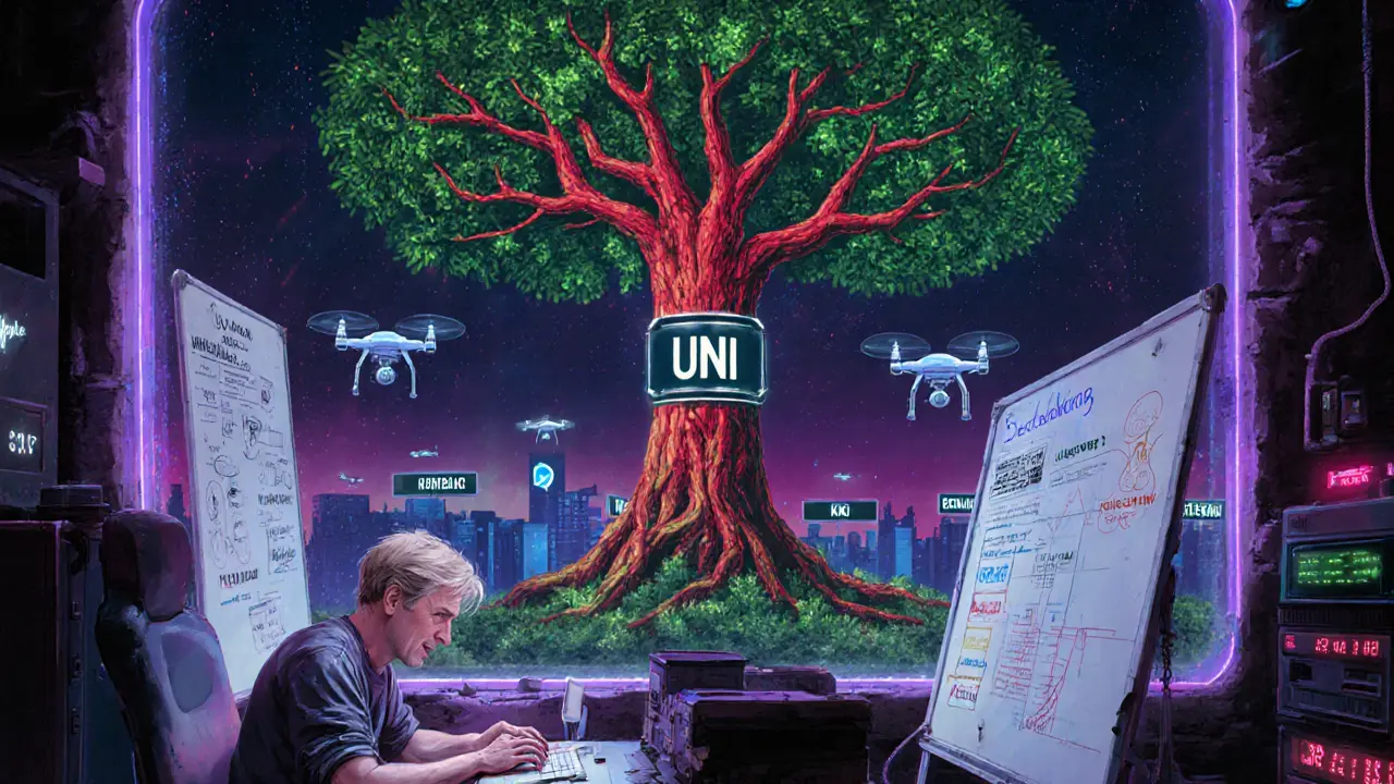 Developer in neon lab facing SEC countdown, a tree of token governance splitting into centralized and decentralized paths.