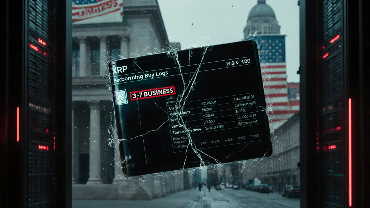 Floating digital wallet showing XRP balance and slow verification status, with fading U.S. access stamp in background.