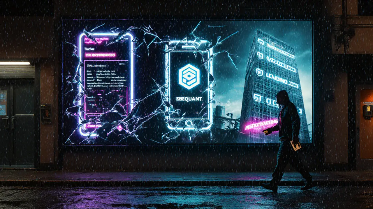 Fractured digital billboard showing BEQUANT&#039;s retail past, shutdown, and current institutional infrastructure.