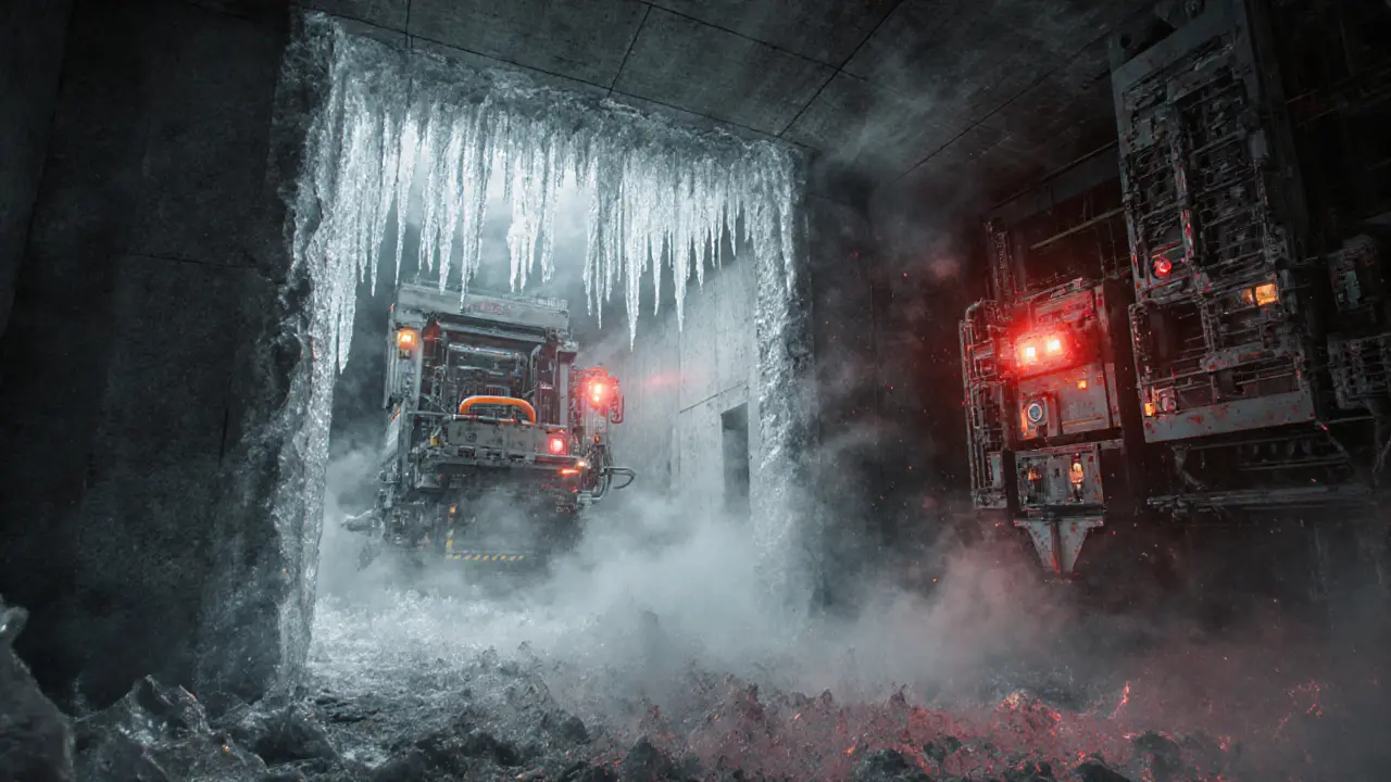 Frozen Siberian mining facility with icy mist, glowing hardware, and northern lights outside.