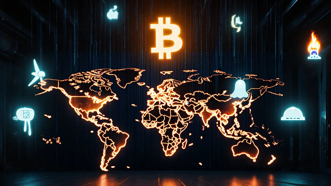 Global digital map showing Bitcoin hash rate hotspots with glowing regions and data streams.