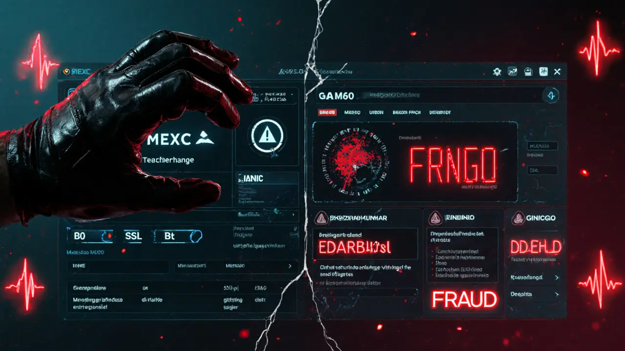 Hacker&#039;s hand facing a split-screen interface: verified exchange vs. glitching scam site with red fraud alerts.