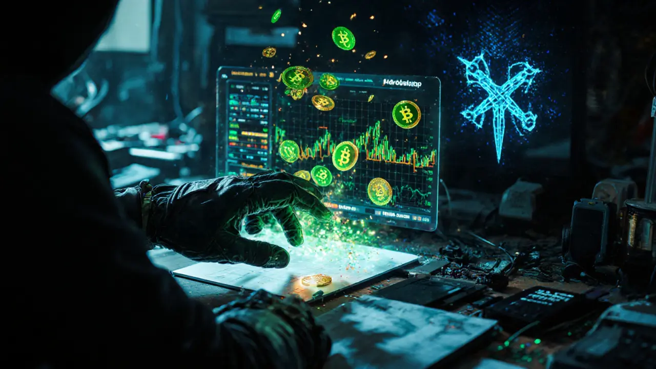 Hacker&#039;s hand interacting with floating BUTTER tokens and liquidity pools in AR.