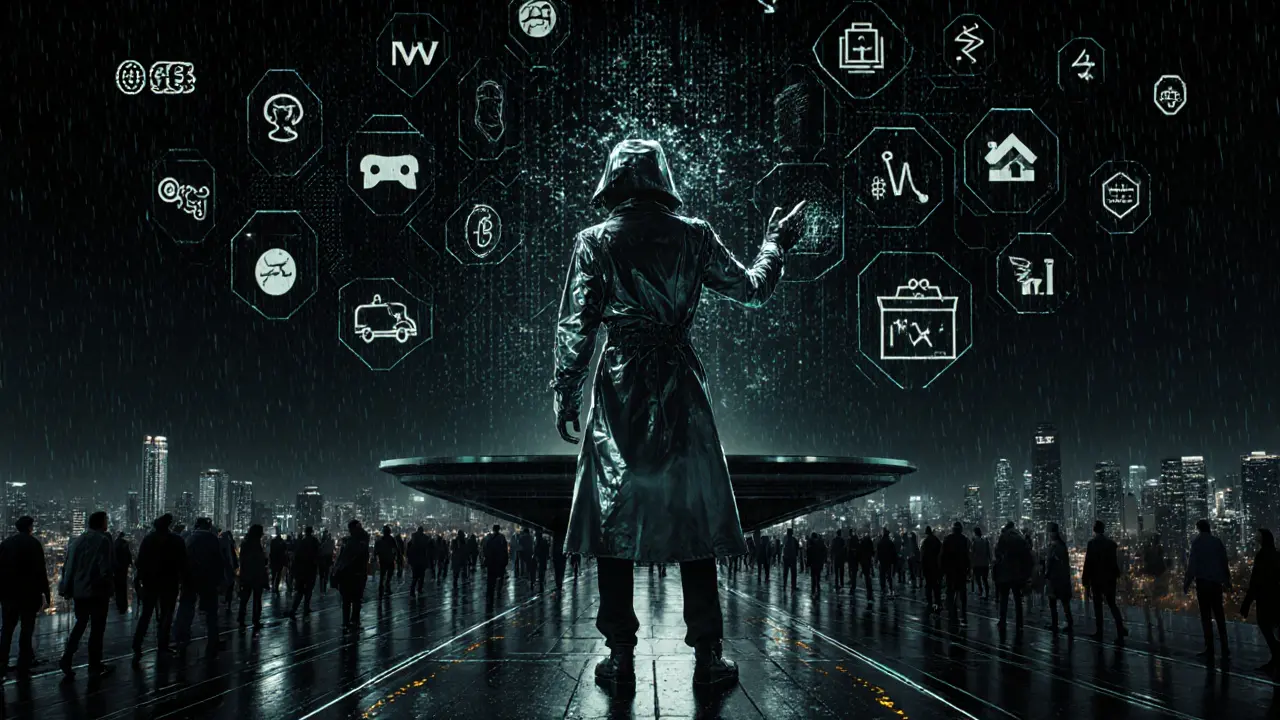 Hacker delegating VSYS coins via hologram above a living ledger of NFTs and DeFi icons.