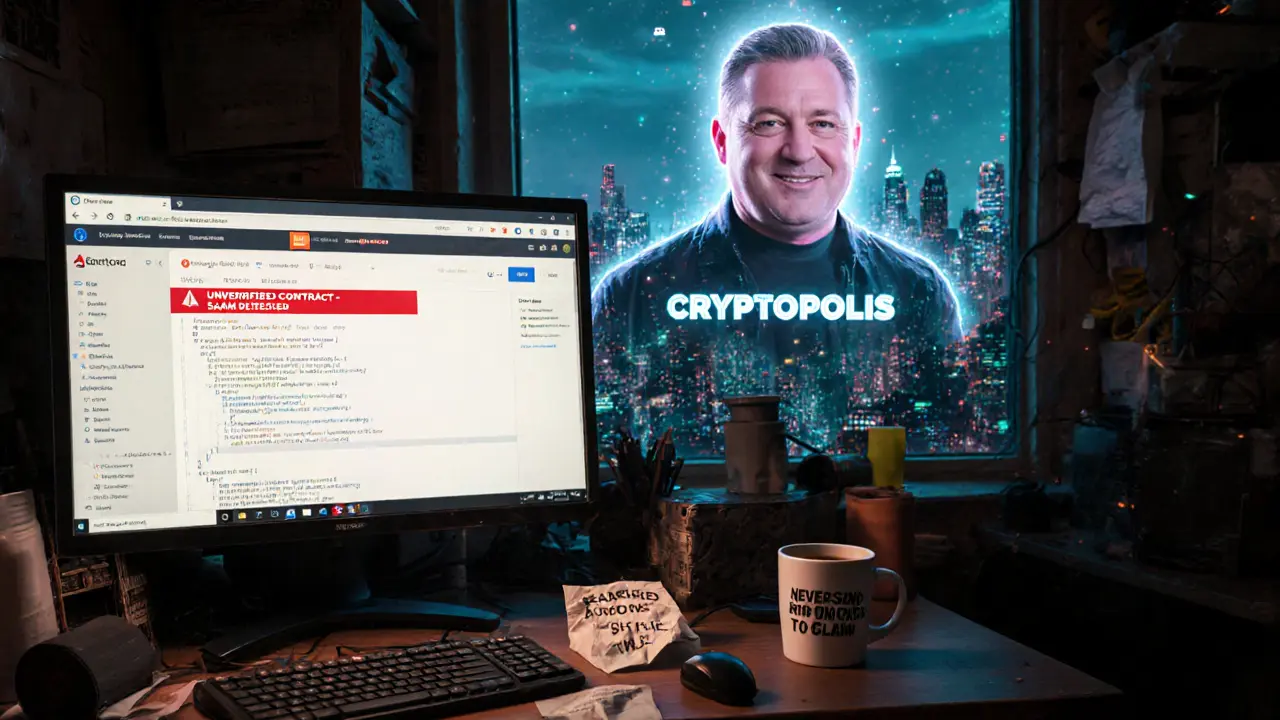 Hacker’s room with scam warning on screen, hardware wallet, and glowing fake CEO hologram outside window.