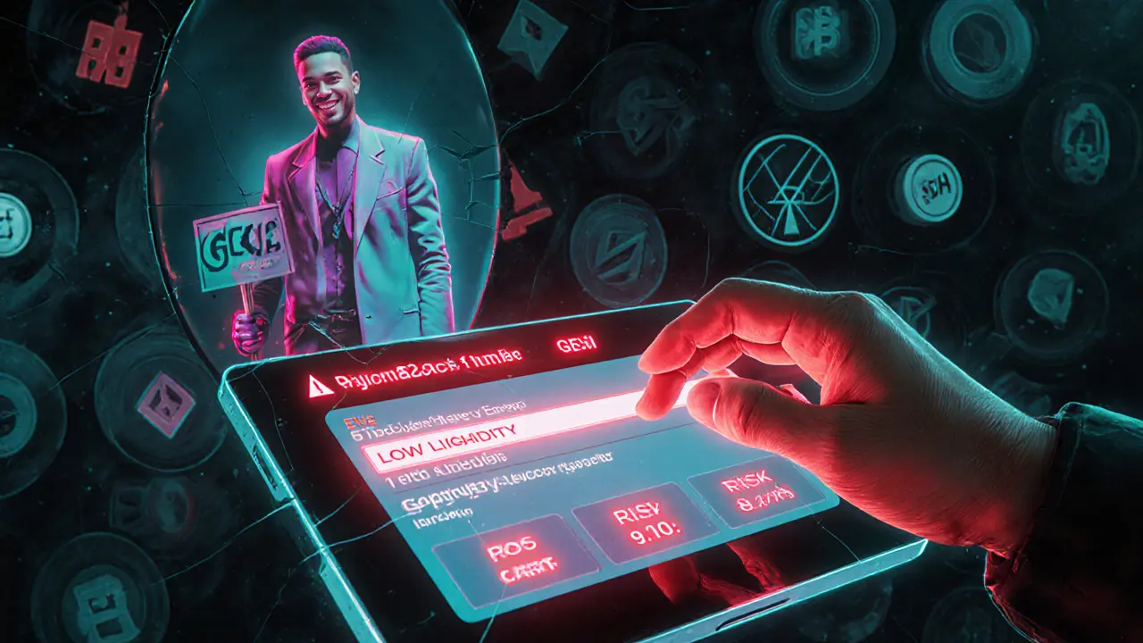 Hand attempting to trade GEC on a DEX with urgent risk warnings glowing on screen.