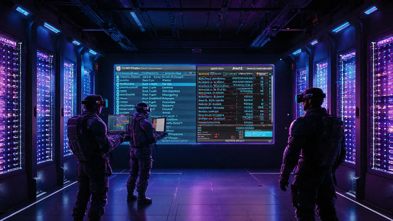 High-tech crypto exchange control room with technicians monitoring KYC and AML alerts on glowing screens.
