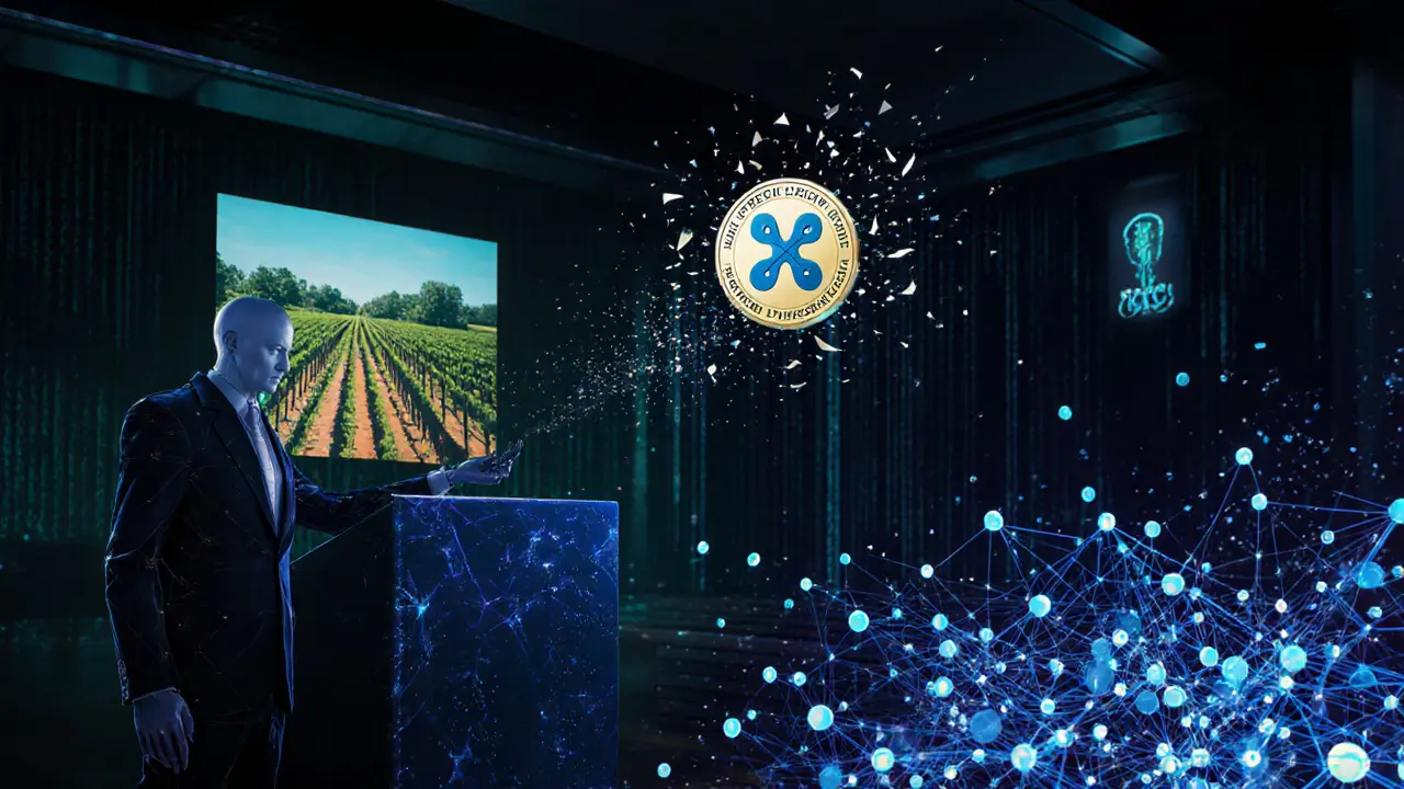 Holographic courtroom with SEC orange grove vs. decentralized blockchain nodes, XRP token splitting in two.