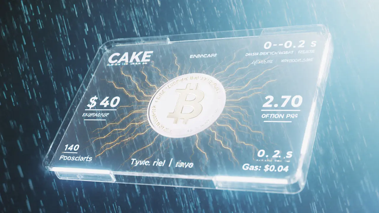 Holographic liquidity pool interface showing CAKE price range with fee streams and gas cost displayed in digital font.