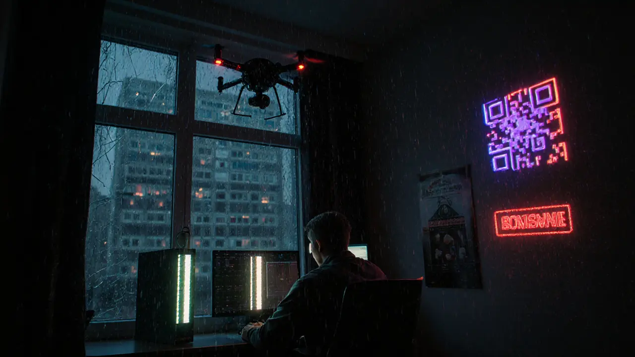Home miner in Moscow with ASIC rigs and government registration QR code, drone hovering outside.