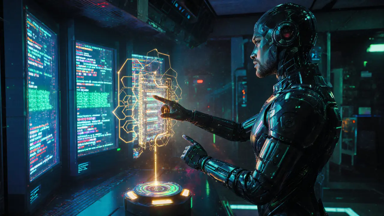 Hybrid security hub blending AI scanners and human expert analyzing a DeFi protocol&#039;s critical exploit.