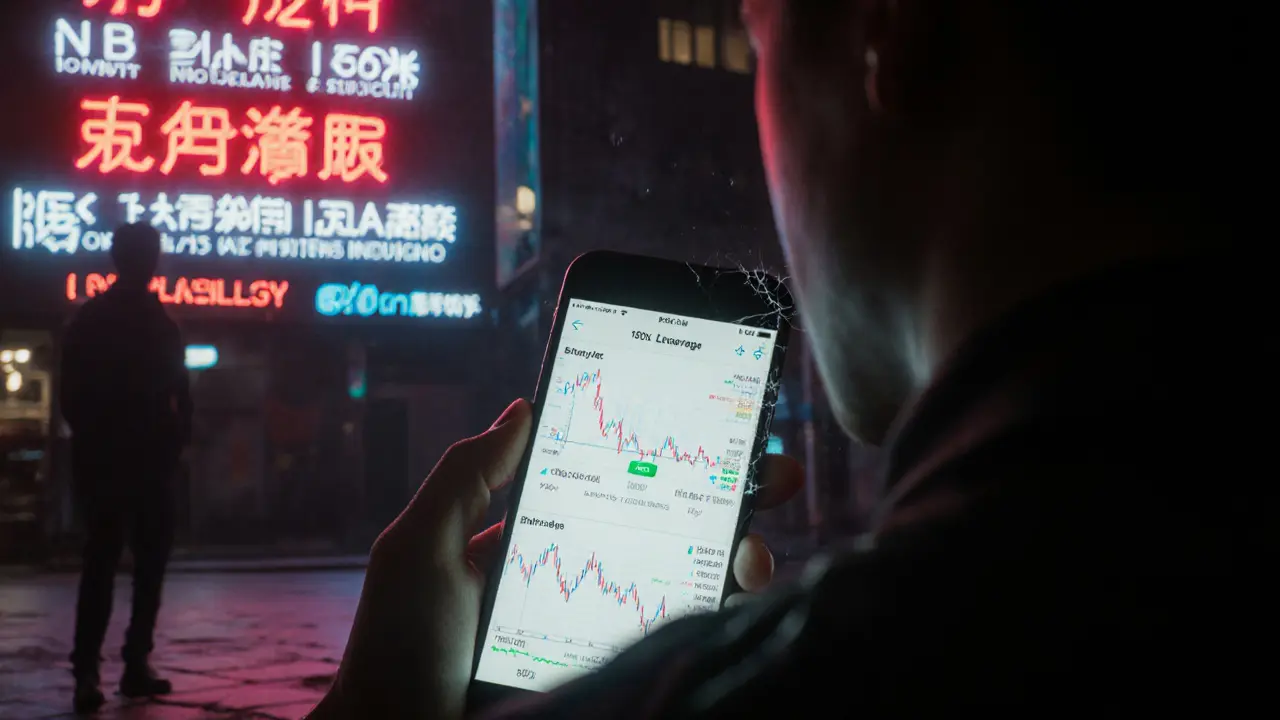 Mobile app screen showing basic futures trading with a red liquidation alert in a dark alley.