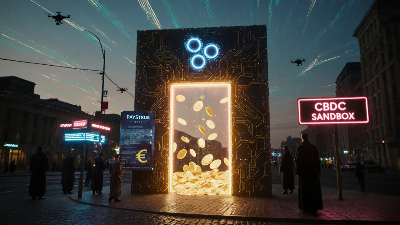 Ripple PayString gateway portal streaming XRP into digital euro interface above a European street at dusk.