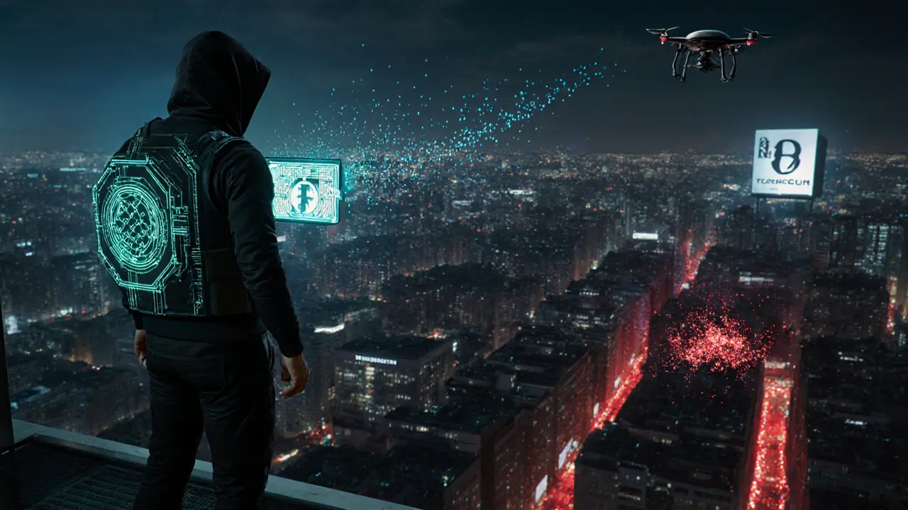 Shadowy figure projecting a cross-chain transaction trail into a cybercity sky while regulatory drones scan for illicit activity.