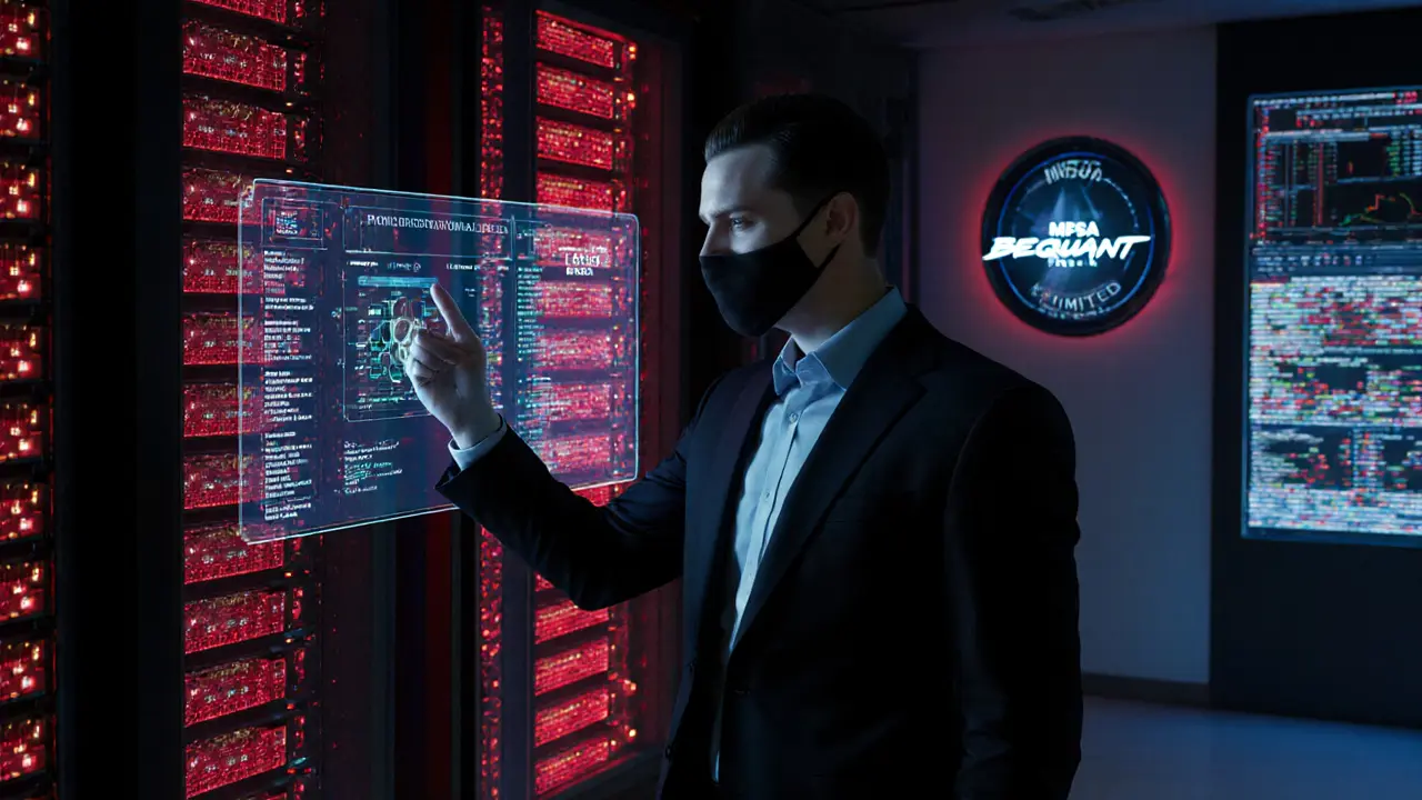 Sleek corporate chamber with holographic institutional trade data and MFSA license glowing on the wall.