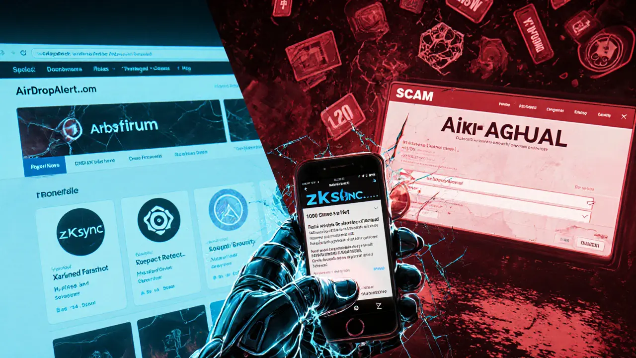 Split scene: safe verified airdrop site vs chaotic scam site, broken phone showing malicious contract.