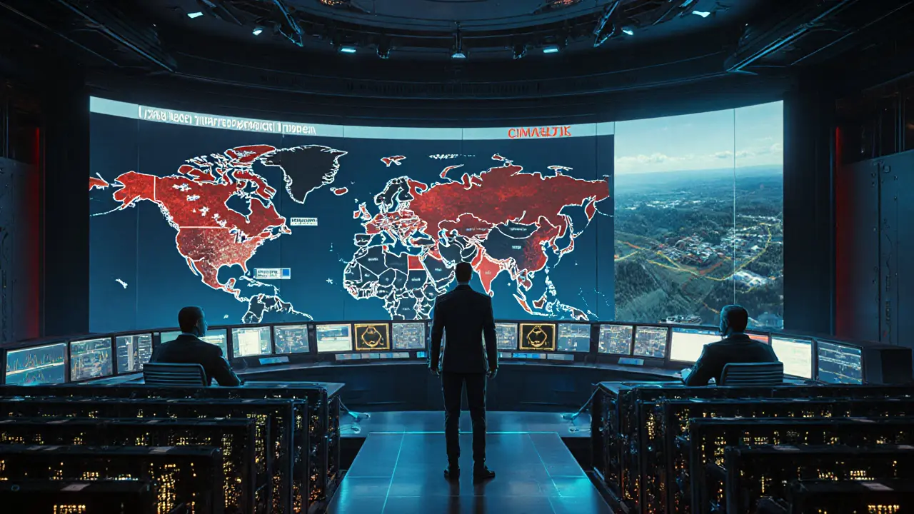 State energy control room with holographic maps showing banned regions and live mining shutdowns.