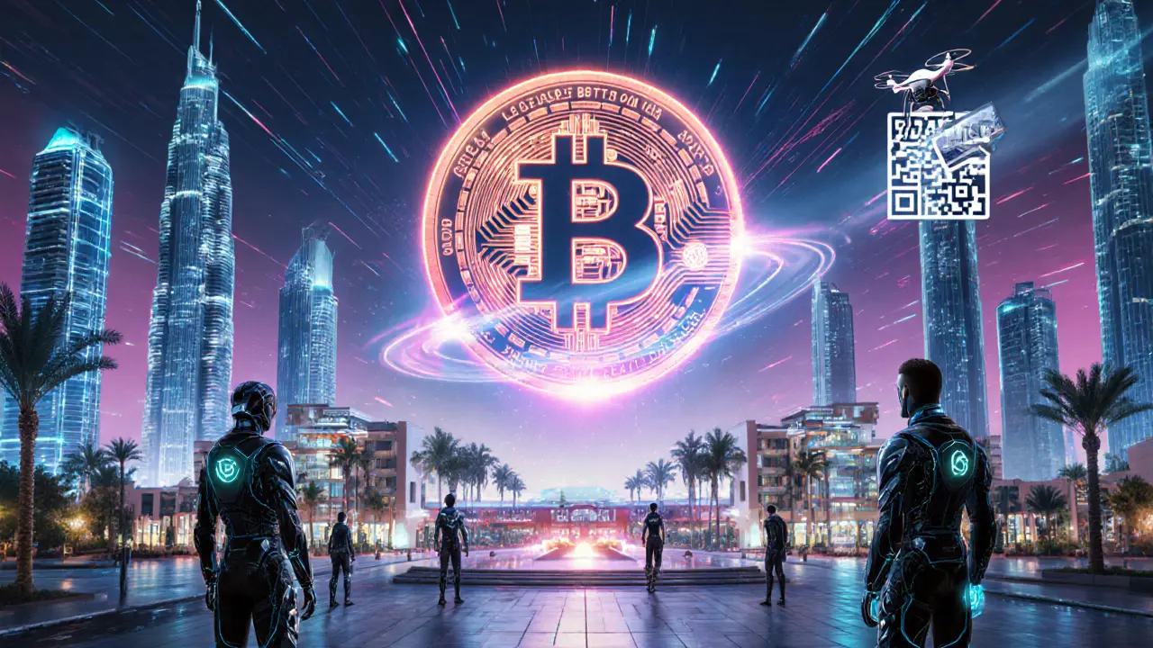 Tokenized real estate NFTs traded via neural interfaces above Palm Jumeirah under a glowing digital dirham.