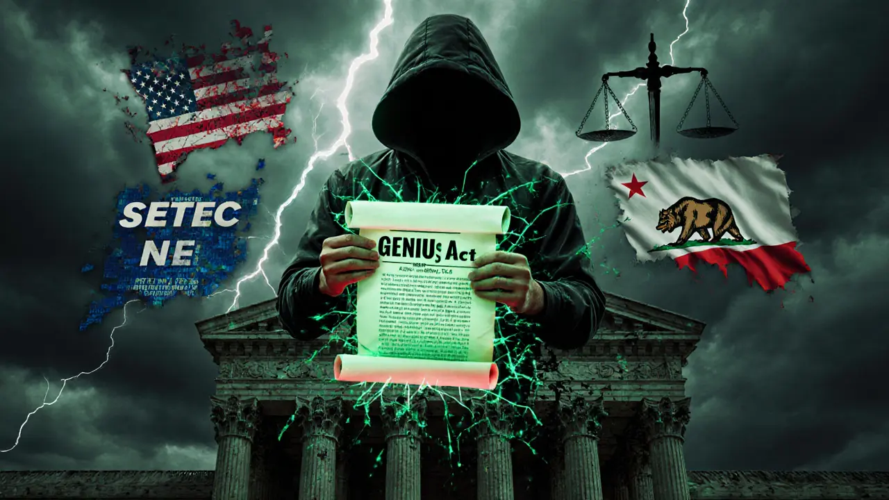 Trader on courthouse holding GENIUS Act scroll as state regulations dissolve into digital chaos.