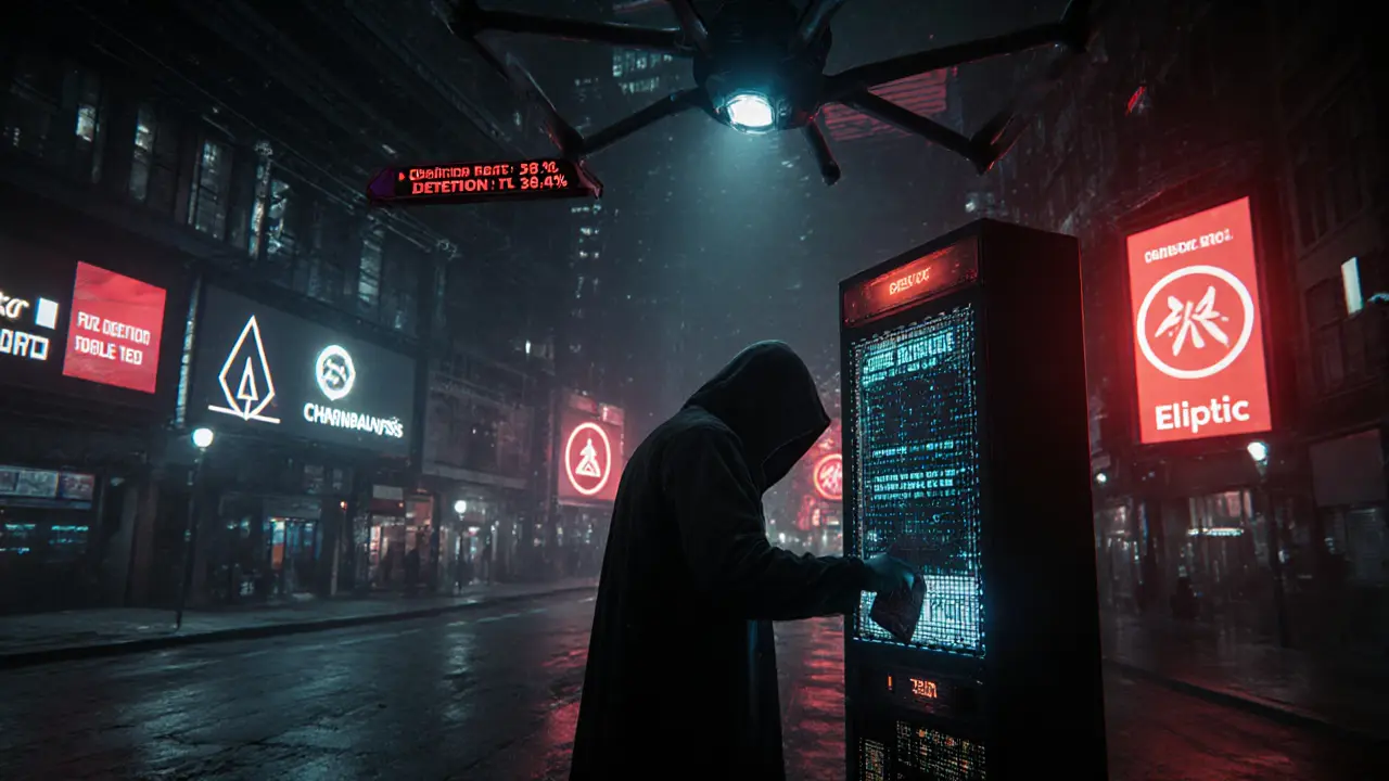 Underground crypto hub with privacy coin transactions and surveillance drone overhead.