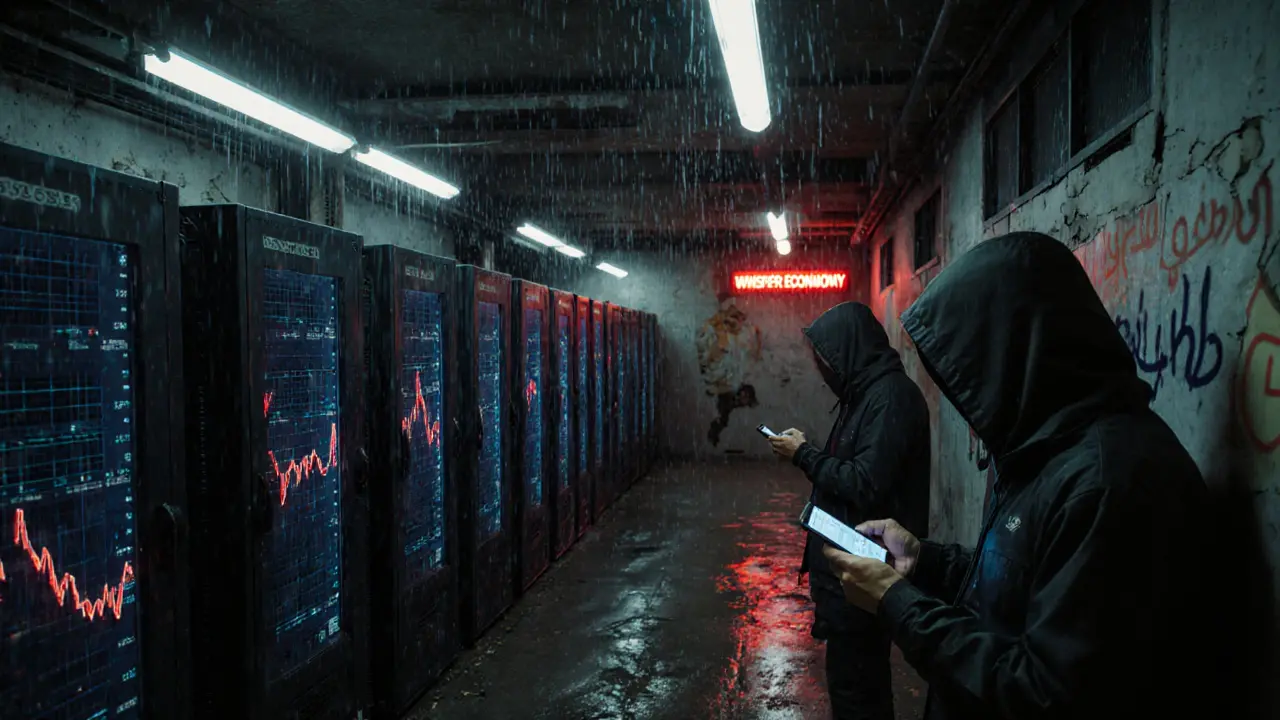 Underground crypto mining operation in a Baghdad warehouse, rigs humming under flickering lights.